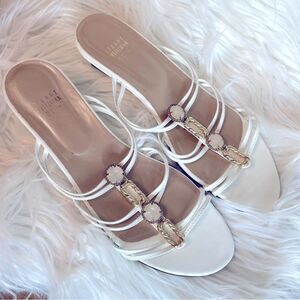 Stuart‎ Weitzman Patent Leather Rhinestone Crystal Strappy Demi Wedge Sandals